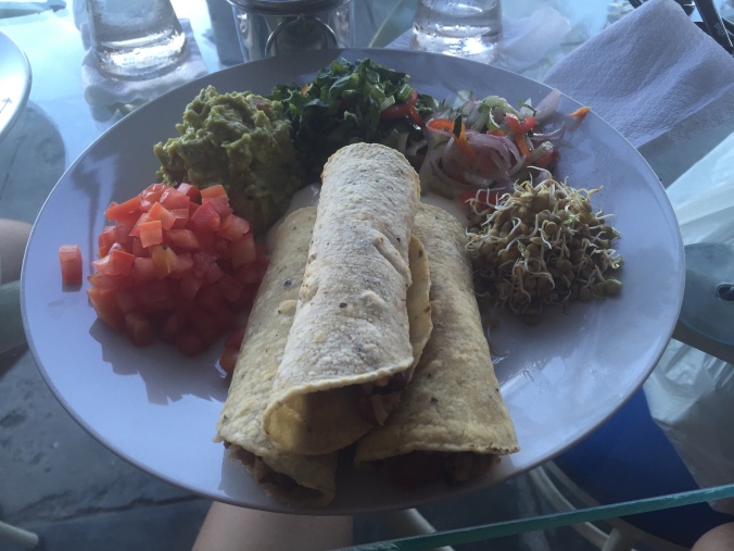 Vegetarian burritos at Dawn on the Amazon cafe in Iquitos.