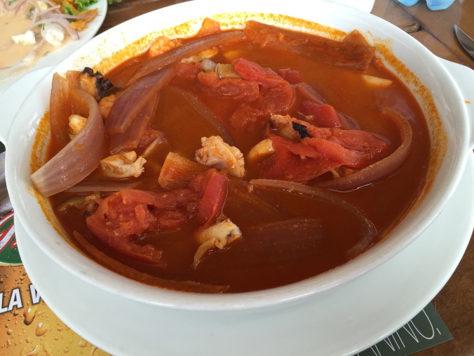 Sudado de Mariscos- a mixture of local seafood in a tomato and onion broth-like sauce.
