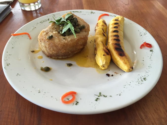 Broiled paiche with grilled plantains at Fitzcarraldo Restaurant in Iquitos.
